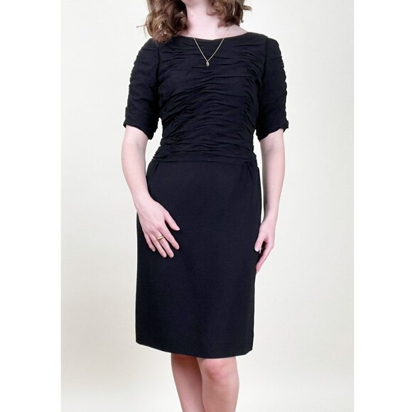 Vintage 1960s Little Black Dress Mini Midi Pleated Drape Preppy Bow Handmade 60s - Picture 1 of 7